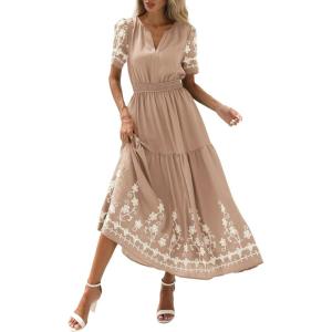 image:imagePRETTYGARDEN Womens Summer Boho Maxi Dress 2026 Spring Floral Short Sleeve V Neck A Line Flowy Beach Wedding Guest DressesKhaki