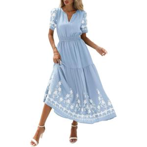 image:imagePRETTYGARDEN Womens Summer Boho Maxi Dress 2026 Spring Floral Short Sleeve V Neck A Line Flowy Beach Wedding Guest DressesLight Blue