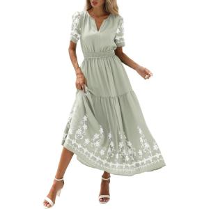 image:imagePRETTYGARDEN Womens Summer Boho Maxi Dress 2026 Spring Floral Short Sleeve V Neck A Line Flowy Beach Wedding Guest DressesLight Green