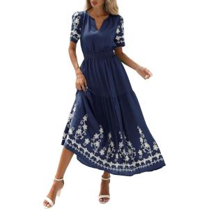 image:imagePRETTYGARDEN Womens Summer Boho Maxi Dress 2026 Spring Floral Short Sleeve V Neck A Line Flowy Beach Wedding Guest DressesNavy Blue
