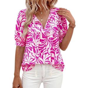 image:imagePRETTYGARDEN Womens Summer Boho Tops 2026 Vacation Outfits Casual Tie Front V Neck Peasant Blouses Puff Short Sleeve ShirtsRose Red Flower