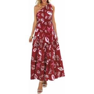 image:imagePRETTYGARDEN Womens Summer Floral One Shoulder Maxi Dress Knot Ruffle Boho Beach Vacation Wedding Guest Long Sun DressesWine Red Print