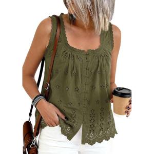image:imagePRETTYGARDEN Womens Tank Tops 2026 Summer Button Down Shirts Embroidered Eyelet Dressy Casual Blouses Beach Vacation ClothesArmy Green