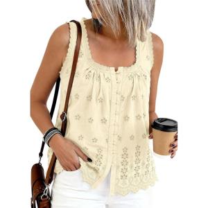 image:imagePRETTYGARDEN Womens Tank Tops 2026 Summer Button Down Shirts Embroidered Eyelet Dressy Casual Blouses Beach Vacation ClothesBeige