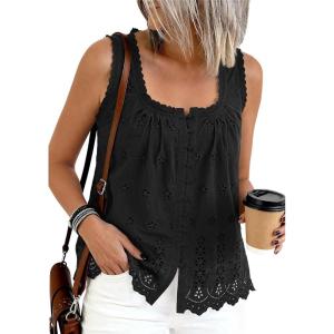 image:imagePRETTYGARDEN Womens Tank Tops 2026 Summer Button Down Shirts Embroidered Eyelet Dressy Casual Blouses Beach Vacation ClothesBlack