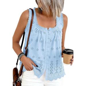 image:imagePRETTYGARDEN Womens Tank Tops 2026 Summer Button Down Shirts Embroidered Eyelet Dressy Casual Blouses Beach Vacation ClothesLight Blue