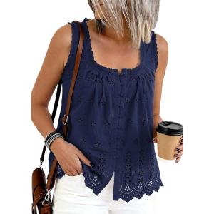 image:imagePRETTYGARDEN Womens Tank Tops 2026 Summer Button Down Shirts Embroidered Eyelet Dressy Casual Blouses Beach Vacation ClothesNavy Blue