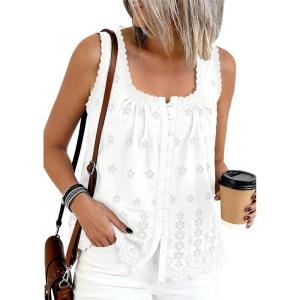 image:imagePRETTYGARDEN Womens Tank Tops 2026 Summer Button Down Shirts Embroidered Eyelet Dressy Casual Blouses Beach Vacation ClothesWhite