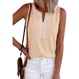 image:imagePRETTYGARDEN Womens Tank Tops 2026 Summer Causal V Neck Sleeveless Shirts Floral Print Embroidered Beach Vacation Boho TopBeige