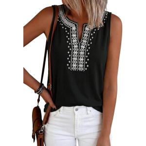 image:imagePRETTYGARDEN Womens Tank Tops 2026 Summer Causal V Neck Sleeveless Shirts Floral Print Embroidered Beach Vacation Boho TopBlack