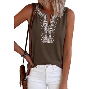 image:imagePRETTYGARDEN Womens Tank Tops 2026 Summer Causal V Neck Sleeveless Shirts Floral Print Embroidered Beach Vacation Boho TopBrown