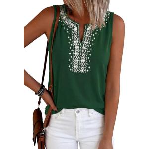 image:imagePRETTYGARDEN Womens Tank Tops 2026 Summer Causal V Neck Sleeveless Shirts Floral Print Embroidered Beach Vacation Boho TopDark Green