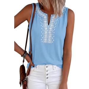 image:imagePRETTYGARDEN Womens Tank Tops 2026 Summer Causal V Neck Sleeveless Shirts Floral Print Embroidered Beach Vacation Boho TopLight Blue