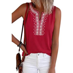 image:imagePRETTYGARDEN Womens Tank Tops 2026 Summer Causal V Neck Sleeveless Shirts Floral Print Embroidered Beach Vacation Boho TopRed