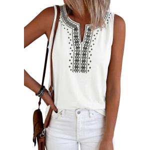 image:imagePRETTYGARDEN Womens Tank Tops 2026 Summer Causal V Neck Sleeveless Shirts Floral Print Embroidered Beach Vacation Boho TopWhite