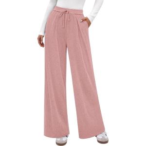 image:imagePRETTYGARDEN Womens Wide Leg Pants 2026 Fall Clothes Elastic High Waisted Knit Lounge Palazzo Pant Trousers with PocketsPink