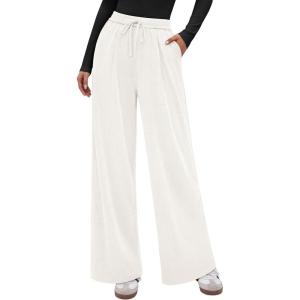 image:imagePRETTYGARDEN Womens Wide Leg Pants 2026 Fall Clothes Elastic High Waisted Knit Lounge Palazzo Pant Trousers with PocketsWhite