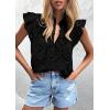 image:imagePRETTYGARDEN Womens Summer Tops 2026 Dressy Casual Ruffle Cap Sleeve Button V Neck Embroidered Eyelet Blouses ShirtsBlack