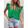 image:imagePRETTYGARDEN Womens Summer Tops 2026 Dressy Casual Ruffle Cap Sleeve Button V Neck Embroidered Eyelet Blouses ShirtsGreen