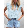 image:imagePRETTYGARDEN Womens Summer Tops 2026 Dressy Casual Ruffle Cap Sleeve Button V Neck Embroidered Eyelet Blouses ShirtsLight Blue