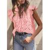 image:imagePRETTYGARDEN Womens Summer Tops 2026 Dressy Casual Ruffle Cap Sleeve Button V Neck Embroidered Eyelet Blouses ShirtsPink