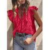 image:imagePRETTYGARDEN Womens Summer Tops 2026 Dressy Casual Ruffle Cap Sleeve Button V Neck Embroidered Eyelet Blouses ShirtsRed