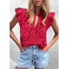 image:imagePRETTYGARDEN Womens Summer Tops 2026 Dressy Casual Ruffle Cap Sleeve Button V Neck Embroidered Eyelet Blouses ShirtsRed