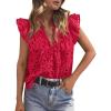 image:imagePRETTYGARDEN Womens Summer Tops 2026 Dressy Casual Ruffle Cap Sleeve Button V Neck Embroidered Eyelet Blouses ShirtsRed