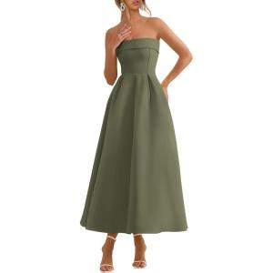 image:imagePRETTYGARDEN Cocktail Dresses for Women 2026 Summer Formal Elegant Tube Top Strapless Spring Wedding Guest Party Midi DressArmy Green