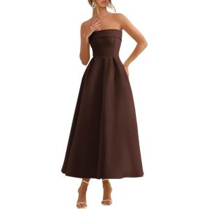 image:imagePRETTYGARDEN Cocktail Dresses for Women 2026 Summer Formal Elegant Tube Top Strapless Spring Wedding Guest Party Midi DressBrown