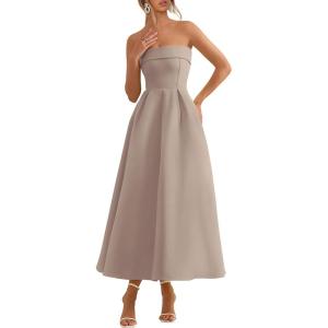 image:imagePRETTYGARDEN Cocktail Dresses for Women 2026 Summer Formal Elegant Tube Top Strapless Spring Wedding Guest Party Midi DressKhaki