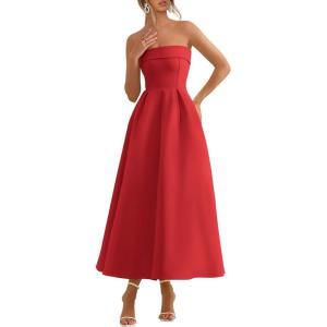 image:imagePRETTYGARDEN Cocktail Dresses for Women 2026 Summer Formal Elegant Tube Top Strapless Spring Wedding Guest Party Midi DressRed