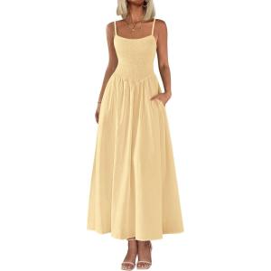 image:imagePRETTYGARDEN Womens Smocked Maxi Dresses 2026 Summer Sundress Casual Spaghetti Strap Swing A Line Long Flowy Beach DressBeige