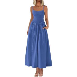 image:imagePRETTYGARDEN Womens Smocked Maxi Dresses 2026 Summer Sundress Casual Spaghetti Strap Swing A Line Long Flowy Beach DressBlue