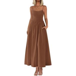 image:imagePRETTYGARDEN Womens Smocked Maxi Dresses 2026 Summer Sundress Casual Spaghetti Strap Swing A Line Long Flowy Beach DressBrown