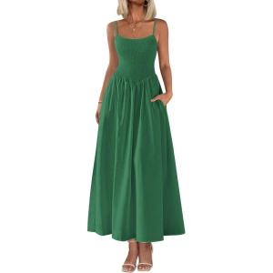 image:imagePRETTYGARDEN Womens Smocked Maxi Dresses 2026 Summer Sundress Casual Spaghetti Strap Swing A Line Long Flowy Beach DressDark Green