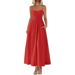 image:imagePRETTYGARDEN Womens Smocked Maxi Dresses 2026 Summer Sundress Casual Spaghetti Strap Swing A Line Long Flowy Beach DressRed