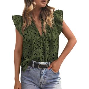 image:imagePRETTYGARDEN Womens Summer Tops 2026 Dressy Casual Ruffle Cap Sleeve Button V Neck Embroidered Eyelet Blouses ShirtsArmy Green