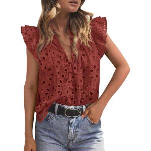 image:imagePRETTYGARDEN Womens Summer Tops 2026 Dressy Casual Ruffle Cap Sleeve Button V Neck Embroidered Eyelet Blouses ShirtsBrown Red