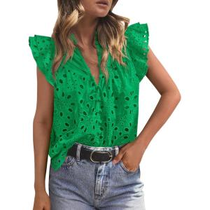 image:imagePRETTYGARDEN Womens Summer Tops 2026 Dressy Casual Ruffle Cap Sleeve Button V Neck Embroidered Eyelet Blouses ShirtsGreen