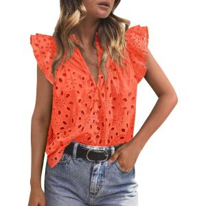 image:imagePRETTYGARDEN Womens Summer Tops 2026 Dressy Casual Ruffle Cap Sleeve Button V Neck Embroidered Eyelet Blouses ShirtsOrange