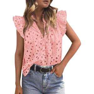 image:imagePRETTYGARDEN Womens Summer Tops 2026 Dressy Casual Ruffle Cap Sleeve Button V Neck Embroidered Eyelet Blouses ShirtsPink