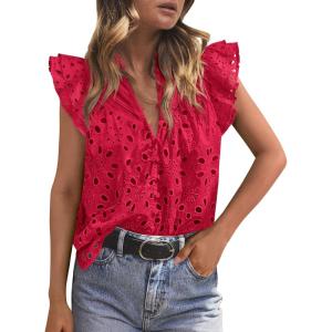 image:imagePRETTYGARDEN Womens Summer Tops 2026 Dressy Casual Ruffle Cap Sleeve Button V Neck Embroidered Eyelet Blouses ShirtsRed