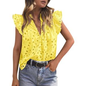 image:imagePRETTYGARDEN Womens Summer Tops 2026 Dressy Casual Ruffle Cap Sleeve Button V Neck Embroidered Eyelet Blouses ShirtsYellow