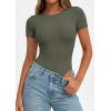 image:imagePRETTYGARDEN Body Suits for Womens Summer Tops 2026 Casual Short Sleeve Ribbed Fitted Basic Tee Shirts Spring Fashion ClothesArmy Green