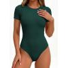 image:imagePRETTYGARDEN Body Suits for Womens Summer Tops 2026 Casual Short Sleeve Ribbed Fitted Basic Tee Shirts Spring Fashion ClothesDark Green
