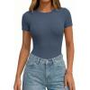 image:imagePRETTYGARDEN Body Suits for Womens Summer Tops 2026 Casual Short Sleeve Ribbed Fitted Basic Tee Shirts Spring Fashion ClothesDusty Blue