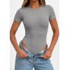 image:imagePRETTYGARDEN Body Suits for Womens Summer Tops 2026 Casual Short Sleeve Ribbed Fitted Basic Tee Shirts Spring Fashion ClothesGrey