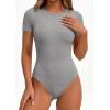 image:imagePRETTYGARDEN Body Suits for Womens Summer Tops 2026 Casual Short Sleeve Ribbed Fitted Basic Tee Shirts Spring Fashion ClothesGrey