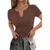 image:imagePRETTYGARDEN Henley Shirts for Women 2026 Summer Short Sleeve Tops V Neck Basic Tees Fitted Ribbed Button Up Work ShirtsBrown